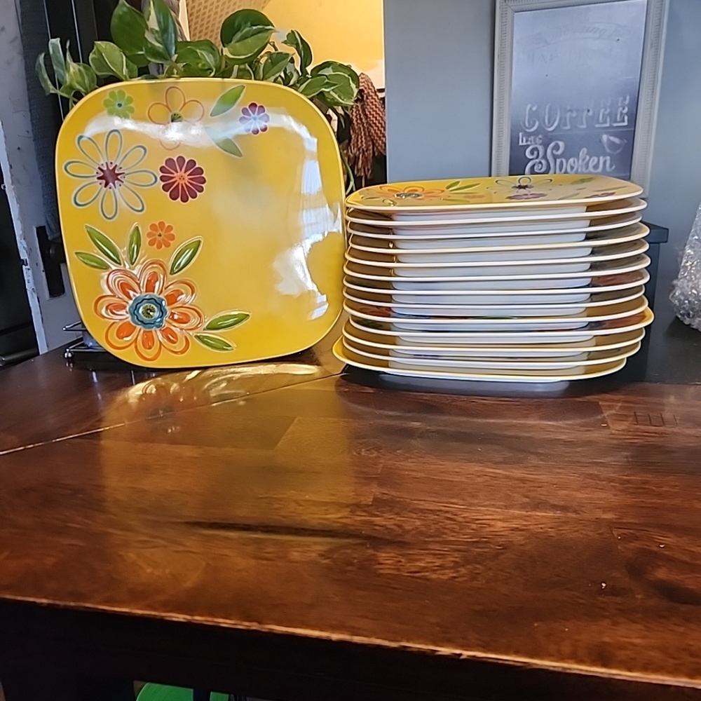 LAURIE GATES Set Melamine 16 pcs Din Salad Sq Plates Floral Garden Party+ 2 Bowl